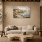 Blue Gray Sandstone Cove Coastal Landscape Wall Art Canvas Print presented in a sophisticated home setting