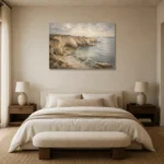 Blue Gray Sandstone Cove Coastal Landscape Wall Art Canvas Print showcased in an elegant minimalist interior