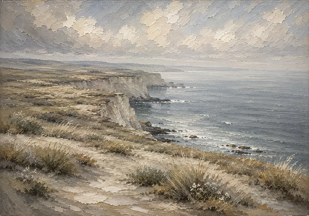 Blue Gray Windswept Coastal Landscape Wall Art Canvas Print