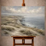 Blue gray and ivory sophisticated Coastal Landscape Wall Art print for elegant interiors. No text or watermarks in design.