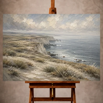Blue gray and ivory sophisticated Coastal Landscape Wall Art print for elegant interiors. No text or watermarks in design.