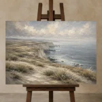Blue Gray Windswept Coastal Landscape Wall Art Canvas Print displayed on a studio easel