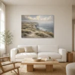 Blue Gray Windswept Coastal Landscape Wall Art Canvas Print styled in a refined neutral interior