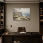 Blue Gray Windswept Coastal Landscape Wall Art Canvas Print displayed in a contemporary gallery-inspired room