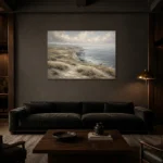 Blue Gray Windswept Coastal Landscape Wall Art Canvas Print shown in a warm modern interior
