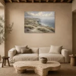 Blue Gray Windswept Coastal Landscape Wall Art Canvas Print presented in a sophisticated home setting