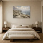 Blue Gray Windswept Coastal Landscape Wall Art Canvas Print showcased in an elegant minimalist interior