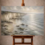 Blue gray and ivory quiet luxury Coastal Landscape Wall Art print for elegant interiors. No text or watermarks in design.