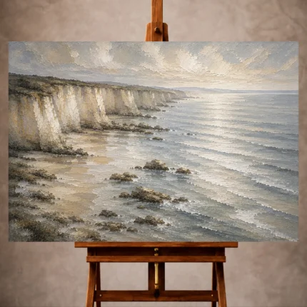 Blue gray and ivory quiet luxury Coastal Landscape Wall Art print for elegant interiors. No text or watermarks in design.