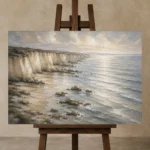 Blue Gray Silver Tide Coastal Landscape Wall Art Canvas Print displayed on a studio easel