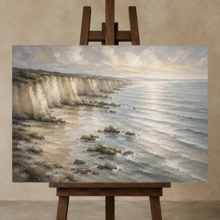 Blue Gray Silver Tide Coastal Landscape Wall Art Canvas Print shown in Studio Easel