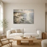 Blue Gray Silver Tide Coastal Landscape Wall Art Canvas Print styled in a refined neutral interior