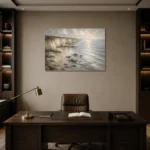 Blue Gray Silver Tide Coastal Landscape Wall Art Canvas Print displayed in a contemporary gallery-inspired room
