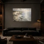 Blue Gray Silver Tide Coastal Landscape Wall Art Canvas Print shown in a warm modern interior