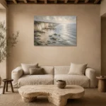 Blue Gray Silver Tide Coastal Landscape Wall Art Canvas Print presented in a sophisticated home setting