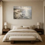 Blue Gray Silver Tide Coastal Landscape Wall Art Canvas Print showcased in an elegant minimalist interior