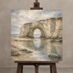 Blue Gray Sea Arch Coastal Landscape Wall Art Canvas Print displayed on a studio easel