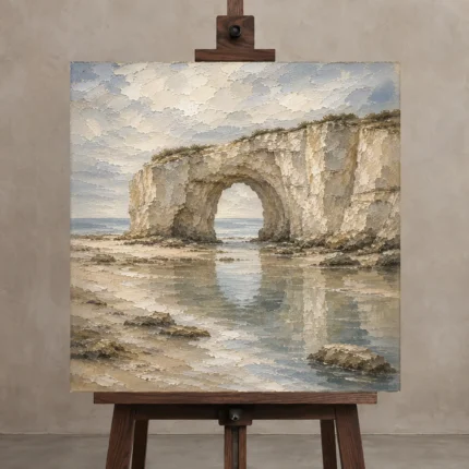 Blue Gray Sea Arch Coastal Landscape Wall Art Canvas Print shown in Studio Easel