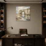 Blue Gray Sea Arch Coastal Landscape Wall Art Canvas Print displayed in a contemporary gallery-inspired room