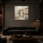 Blue Gray Sea Arch Coastal Landscape Wall Art Canvas Print shown in a warm modern interior