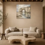 Blue Gray Sea Arch Coastal Landscape Wall Art Canvas Print presented in a sophisticated home setting