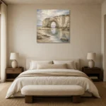 Blue Gray Sea Arch Coastal Landscape Wall Art Canvas Print showcased in an elegant minimalist interior