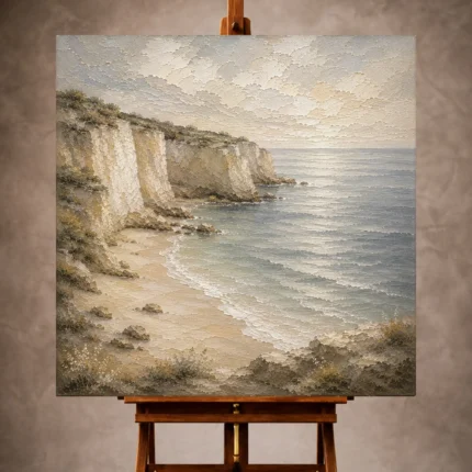 Blue gray and ivory peaceful Coastal Landscape Wall Art print for elegant interiors. No text or watermarks in design.
