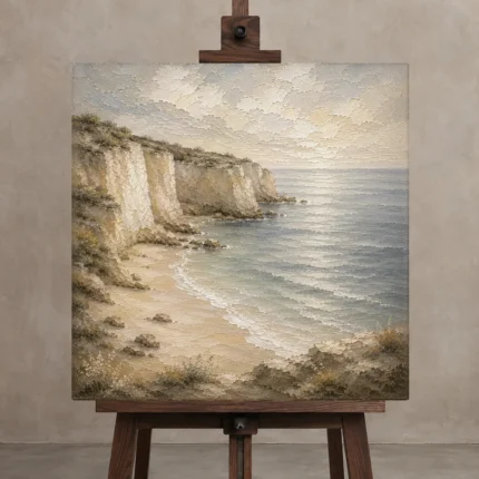 Blue Gray Secluded Cove Coastal Landscape Wall Art Canvas Print shown in Studio Easel