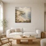 Blue Gray Secluded Cove Coastal Landscape Wall Art Canvas Print styled in a refined neutral interior