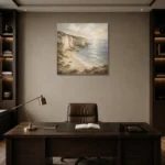Blue Gray Secluded Cove Coastal Landscape Wall Art Canvas Print displayed in a contemporary gallery-inspired room