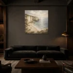 Blue Gray Secluded Cove Coastal Landscape Wall Art Canvas Print shown in a warm modern interior