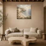 Blue Gray Secluded Cove Coastal Landscape Wall Art Canvas Print presented in a sophisticated home setting