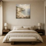 Blue Gray Secluded Cove Coastal Landscape Wall Art Canvas Print showcased in an elegant minimalist interior
