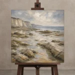 Blue Gray Low Tide Coastal Landscape Wall Art Canvas Print displayed on a studio easel