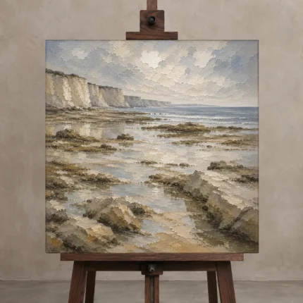 Blue Gray Low Tide Coastal Landscape Wall Art Canvas Print shown in Studio Easel