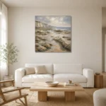 Blue Gray Low Tide Coastal Landscape Wall Art Canvas Print styled in a refined neutral interior