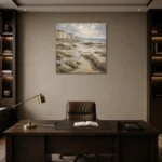 Blue Gray Low Tide Coastal Landscape Wall Art Canvas Print displayed in a contemporary gallery-inspired room