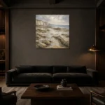 Blue Gray Low Tide Coastal Landscape Wall Art Canvas Print shown in a warm modern interior