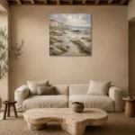 Blue Gray Low Tide Coastal Landscape Wall Art Canvas Print presented in a sophisticated home setting