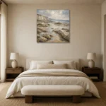Blue Gray Low Tide Coastal Landscape Wall Art Canvas Print showcased in an elegant minimalist interior