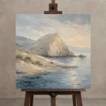 Blue Gray Ivory Headland Coastal Landscape Wall Art Canvas Print displayed on a studio easel
