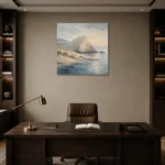 Blue Gray Ivory Headland Coastal Landscape Wall Art Canvas Print displayed in a contemporary gallery-inspired room