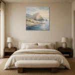 Blue Gray Ivory Headland Coastal Landscape Wall Art Canvas Print showcased in an elegant minimalist interior