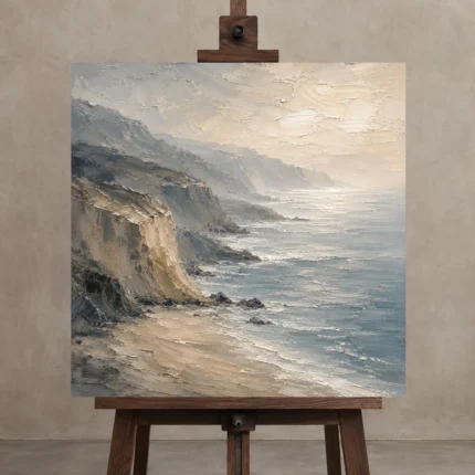 Blue Gray Layered Cliffs Coastal Landscape Wall Art Canvas Print shown in Studio Easel
