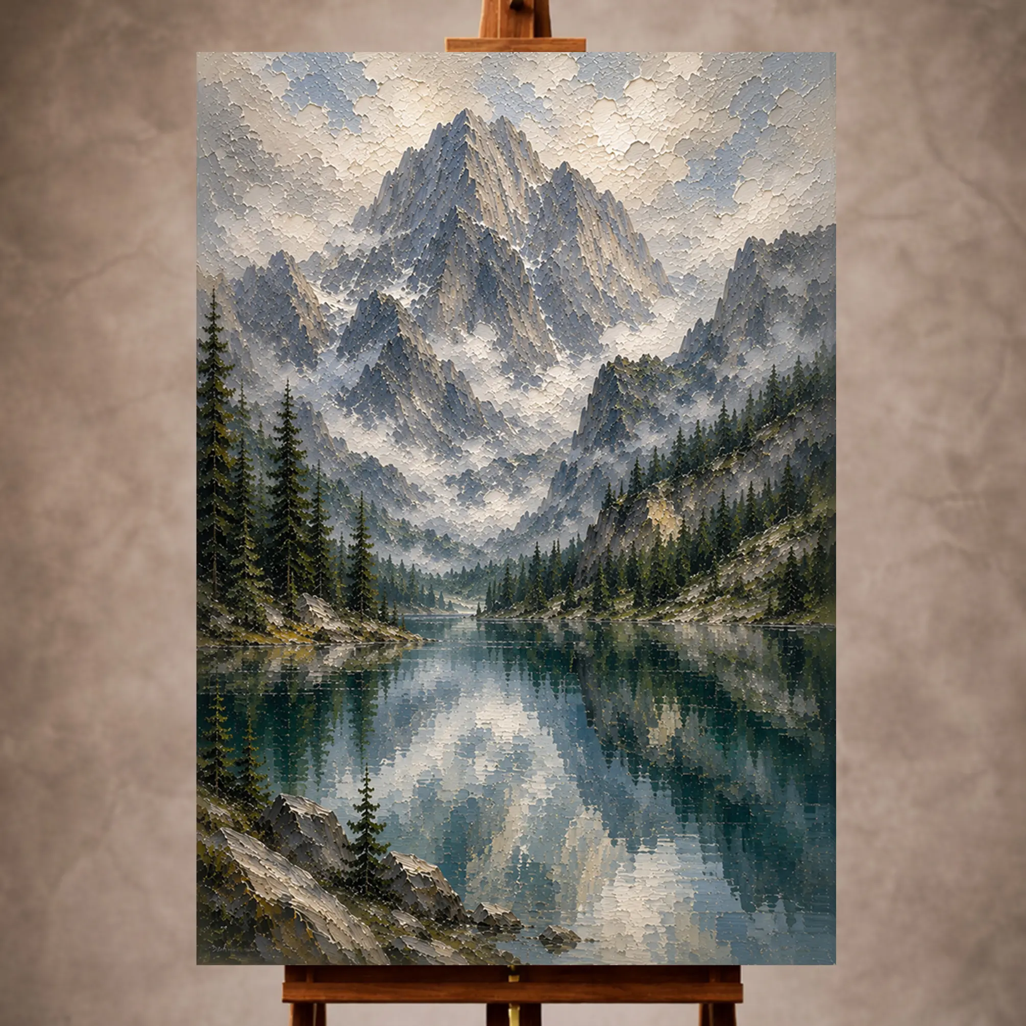Premium Wall Art Dikey Html Edition – LANDSCPE036 Image 1 Misty blue serene Mountain Landscape Wall Art print for elegant interiors. No text or watermarks in design.