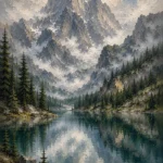 Misty Blue Alpine Lake Mountain Landscape Wall Art Canvas Print
