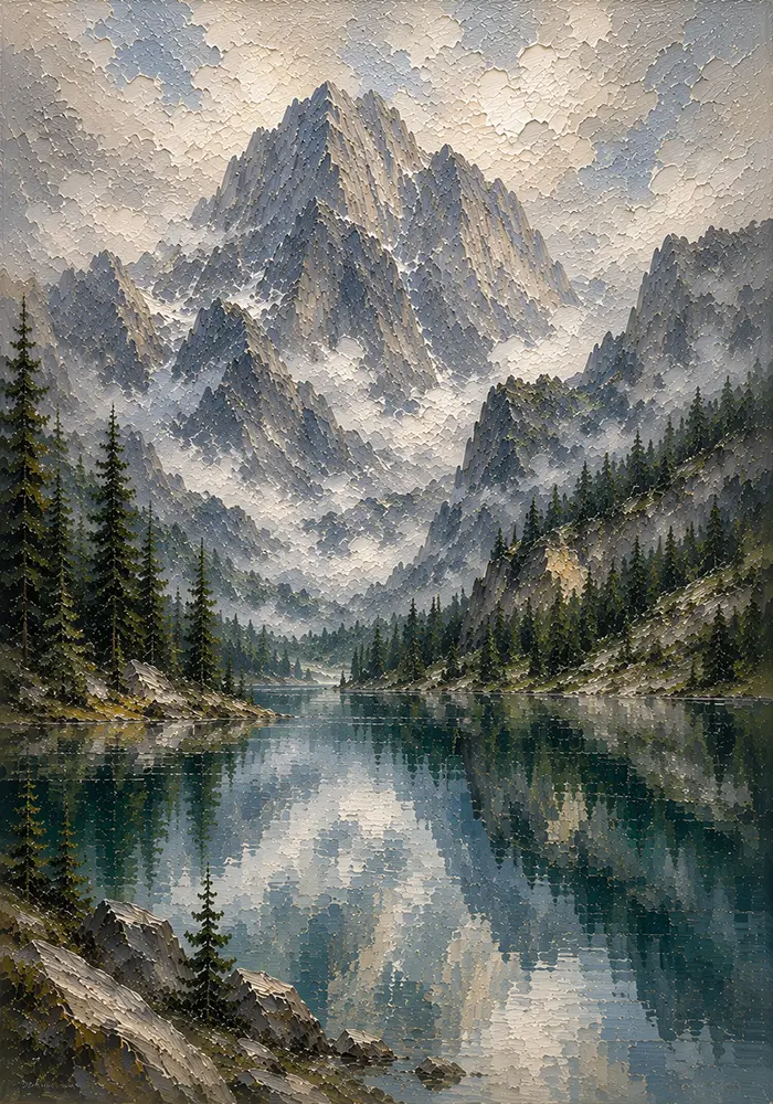 Misty Blue Alpine Lake Mountain Landscape Wall Art Canvas Print
