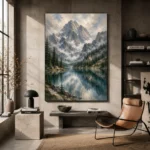 Misty Blue Alpine Lake Mountain Landscape Wall Art Canvas Print - Image 3