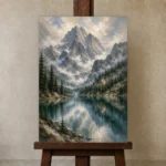 Misty Blue Alpine Lake Mountain Landscape Wall Art Canvas Print displayed on a studio easel