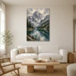 Misty Blue Alpine Lake Mountain Landscape Wall Art Canvas Print styled in a refined neutral interior